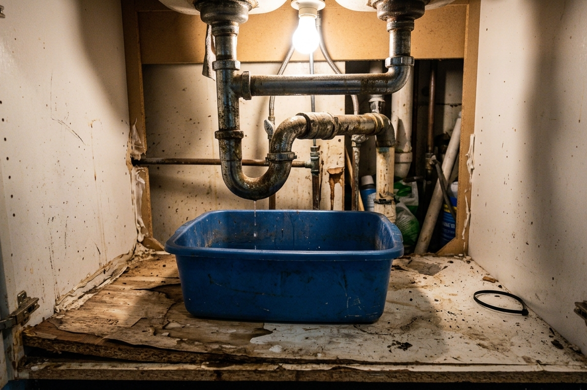 dripping p trap over blue catch tub under sink